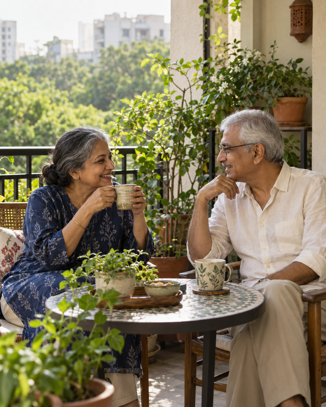 Illustrative image of Indian parents sharing tea on their balcony